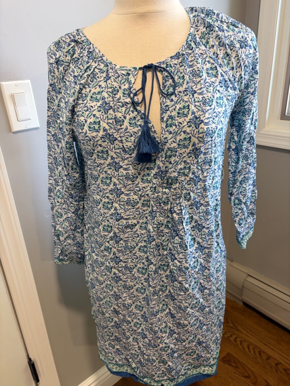 Soft Joie Blue and Green Floral Tie-Neck Long Sleeve Dress
